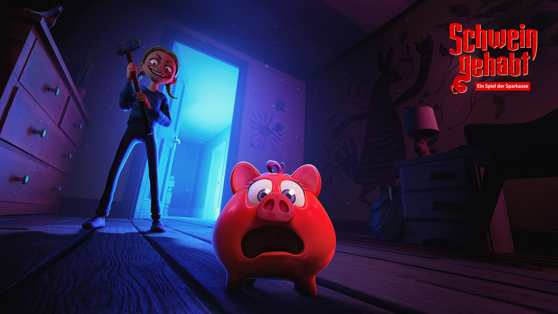 Auf dem Bild sieht man ein dunkles Zimmer. Die einzige
Lichtquelle ist eine offenstehende Tür. Mittig ist ein
rotes Sparschwein mit ängstlich aufgerissenen Augen.
Hinter ihr steht junges Mädchen im Türrahmen mit
einem Vorschlaghammer in der Hand.
Text: Schwein gehabt
Rette das Sparschwein Berta im neuen Horror-Game
der Sparkasse.