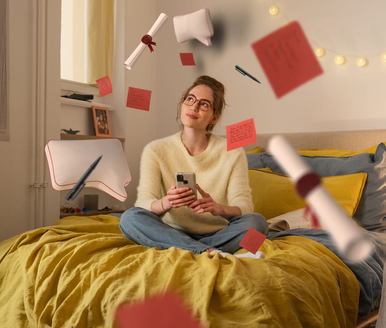 Eine junge Frau sitzt entspannt mit überkreuzten Beinen auf einem gelben Bett in einem gemütlich eingerichteten Zimmer. Sie hält ein Smartphone in der Hand und schaut verträumt nach oben. Um sie herum schweben rote Notizzettel, eingerollte Dokumente und Stifte in der Luft. Im Hintergrund sind Lichterketten, Kissen und Wanddekorationen zu sehen.