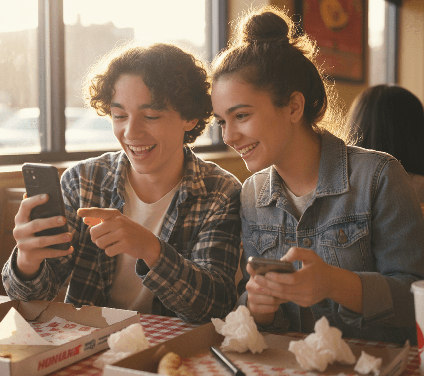 Zwei lächelnde Teenager sitzen in einem Fast-Food-Restaurant am Fenster. Der Junge im karierten Hemd hält sein Smartphone, während das Mädchen in Jeansjacke auf ihr eigenes Handy schaut. Vor ihnen auf dem Tisch stehen Pizzakartons und Getränkebecher. Im Hintergrund sitzen weitere Personen. Warmes Sonnenlicht fällt durch die Fenster.